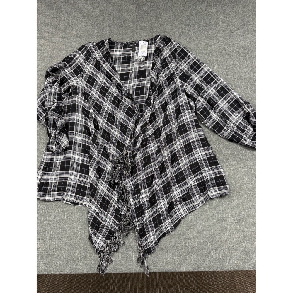 Torrid Plaid Shirt Kimono Fringe Black White Roll Tab Sleeve 10571393 Size 3 NEW
